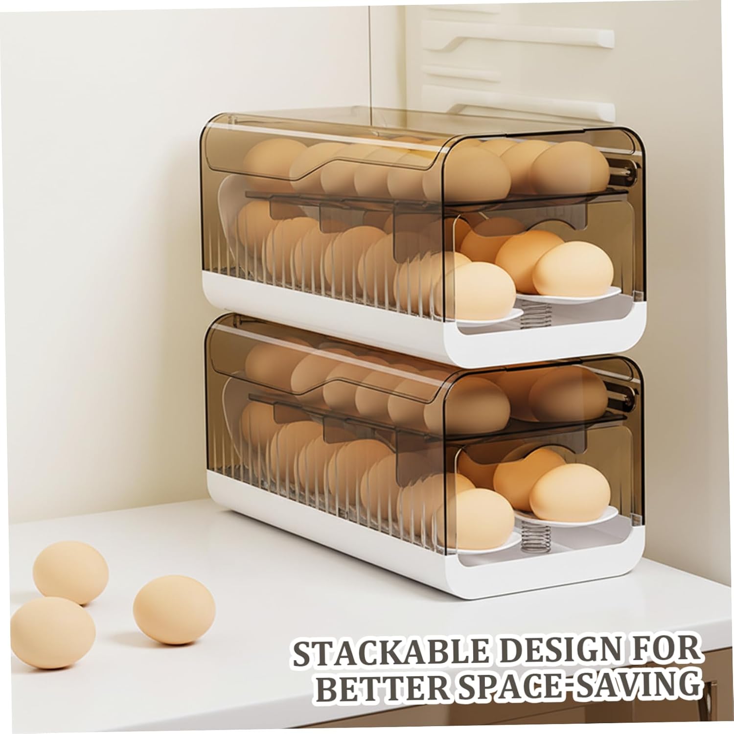 Egg Dispenser for Refrigerator, Stackable Egg Holder with Lid Rolling Eggs Organizer Clear Fridge Storage Container, Grey