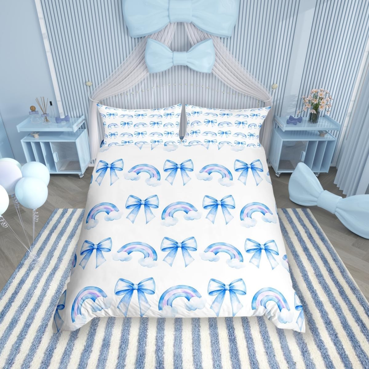 Blue Bowknot Kids Duvet Cover Set Double Size,Rainbow Cloud Bow Tie Princess Bedding Set,Girls Women Room Decor,Butterfly Knot Cute Toddler Simple Fashion Quilt Cover,2 Pillowcases(No Comforter) — image 1
