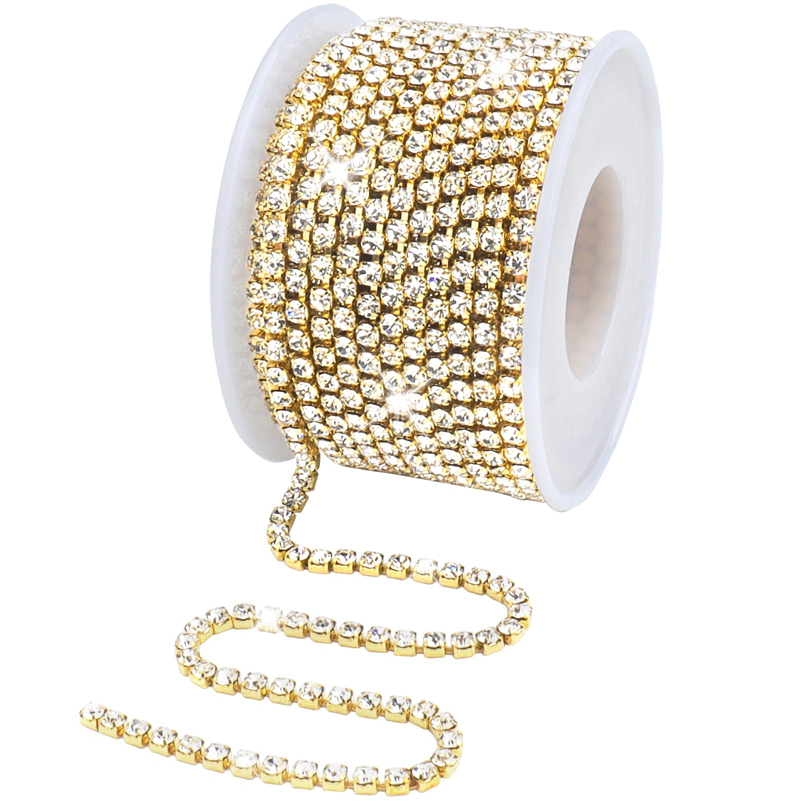 LHNNDM 10 Yards 3MM Crystal Rhinestone Close Chain Trim, Claw Diamond Cup Chain, Rhinestone Ribbons, Rhinestone Trim Roll String for Clothes,Jewellery Making, Wedding Decoration, DIY (Gold)