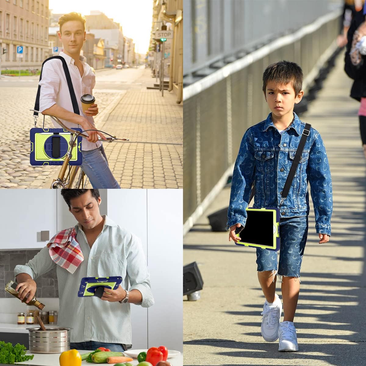 Tablet Case for Apple iPad 10.2(2019/2020/2021)/Apple iPad 8th Gen/7th Gen/9th Gen, Tablet Shockproof Cover with 360° Rotating Stand and Wrist Strap, Shoulder Strap Navy Blue+Yellow Green