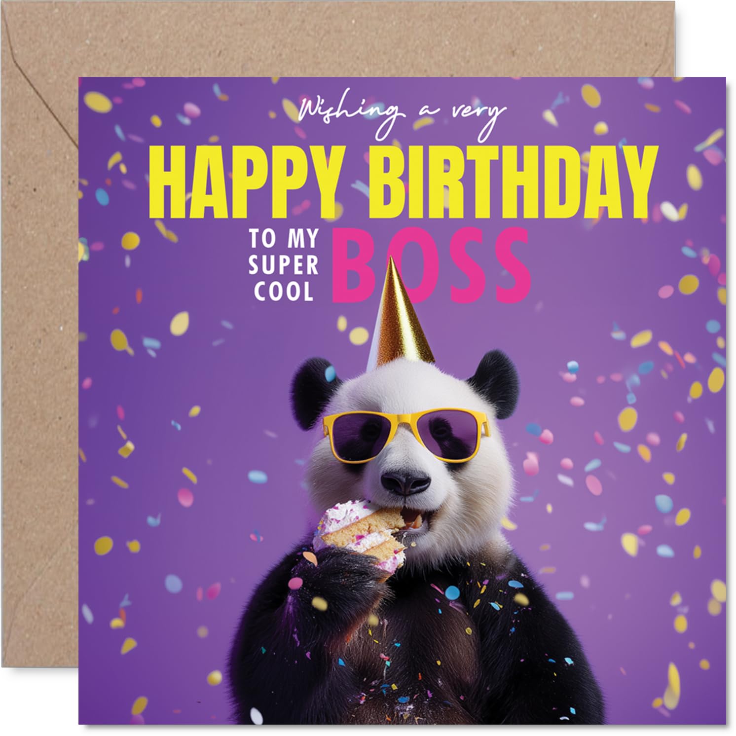 Boss Birthday Card - Pandastic Cake - Happy Birthday Card for Boss from Employee Colleague, 145mm funny panda Bday Greeting Cards