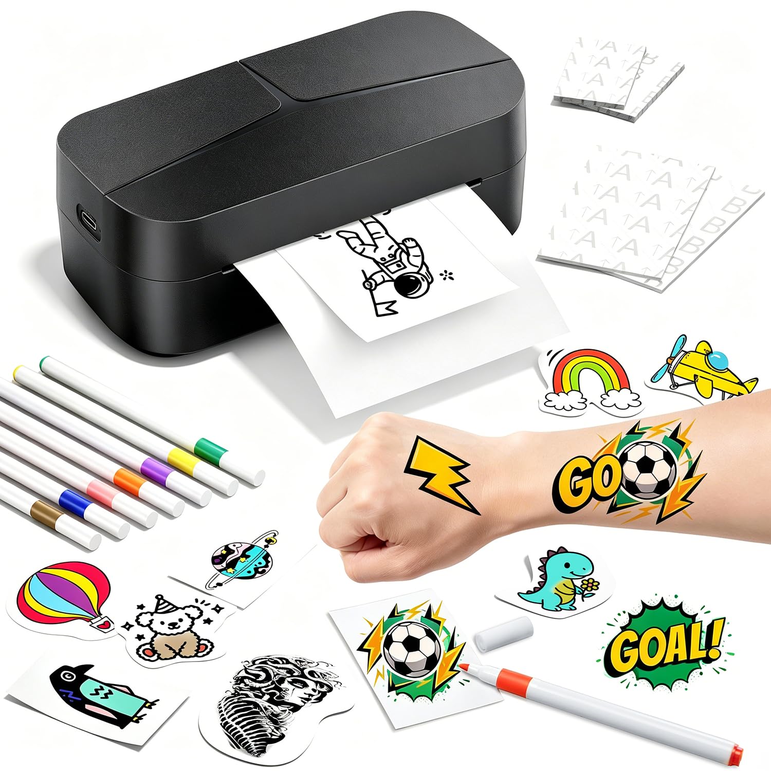 Phomemo TK32 Stampante Tatuaggi Temporanei per Bambini, Tattoo Maker Crea Tatuaggi Temporanei Personalizzati, kit tatuaggi con 50 Fogli & 8 Pennelli, Gioco Creativo Bambina & Bambino di 6 7 8+ Anni