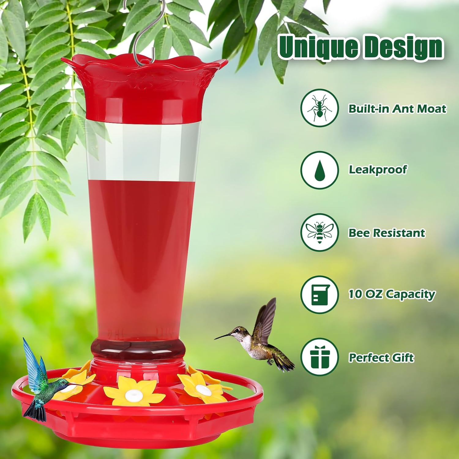 FEED GARDEN 10oz Plastic Hummingbird Feeders for Outdoors - 2 Pack, Ant & Bee Proof, 6 Feeding Ports, Easy Clean Red Nectar Feeders for Outside Hanging, Gifts for Mom - Image 5