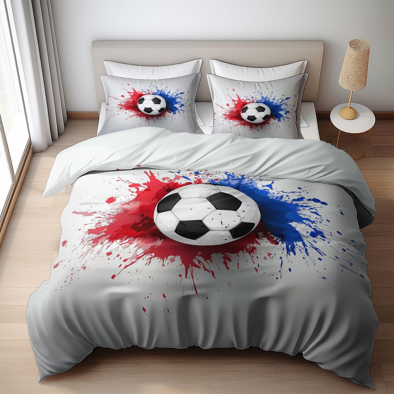 Dwustronna poszewka na kołdrę łóżko Futbol Farba z mikrofibry Edredon 3 sztuki z 2 poszewkami na poduszki 50 x 75 cm szary nadruk poszewka na kołdrę z zamkiem błyskawicznym