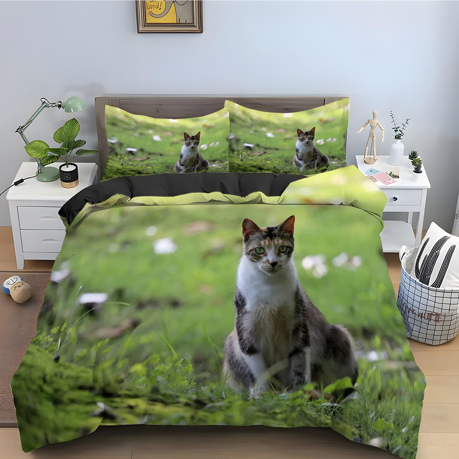 Housse de couette chat calicot 90x190 cm avec 2 taies d'oreiller en microfibre douce