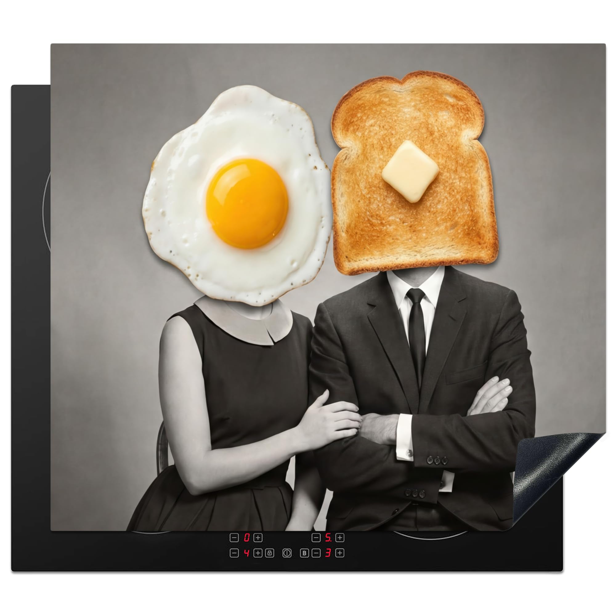 KitchenYeah© Protege Couvre Plaque De Cuisson Décoration Cuisine Tapis Protection Protecteur Induction 59x52 cm Petit-déjeuner - Couple - Œuf - Pain