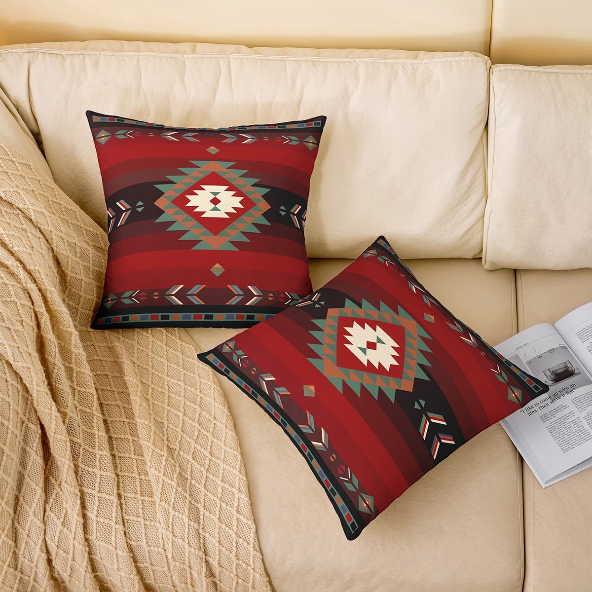 Feelyou 24 x 24-Inch Southwest Native Design Square Cushion Covers Set of 1 Boys Girls Southwestern Geometric Reversible Throw Pillow Covers for Kids Tribal Pillow Covers Home Decor Red Green