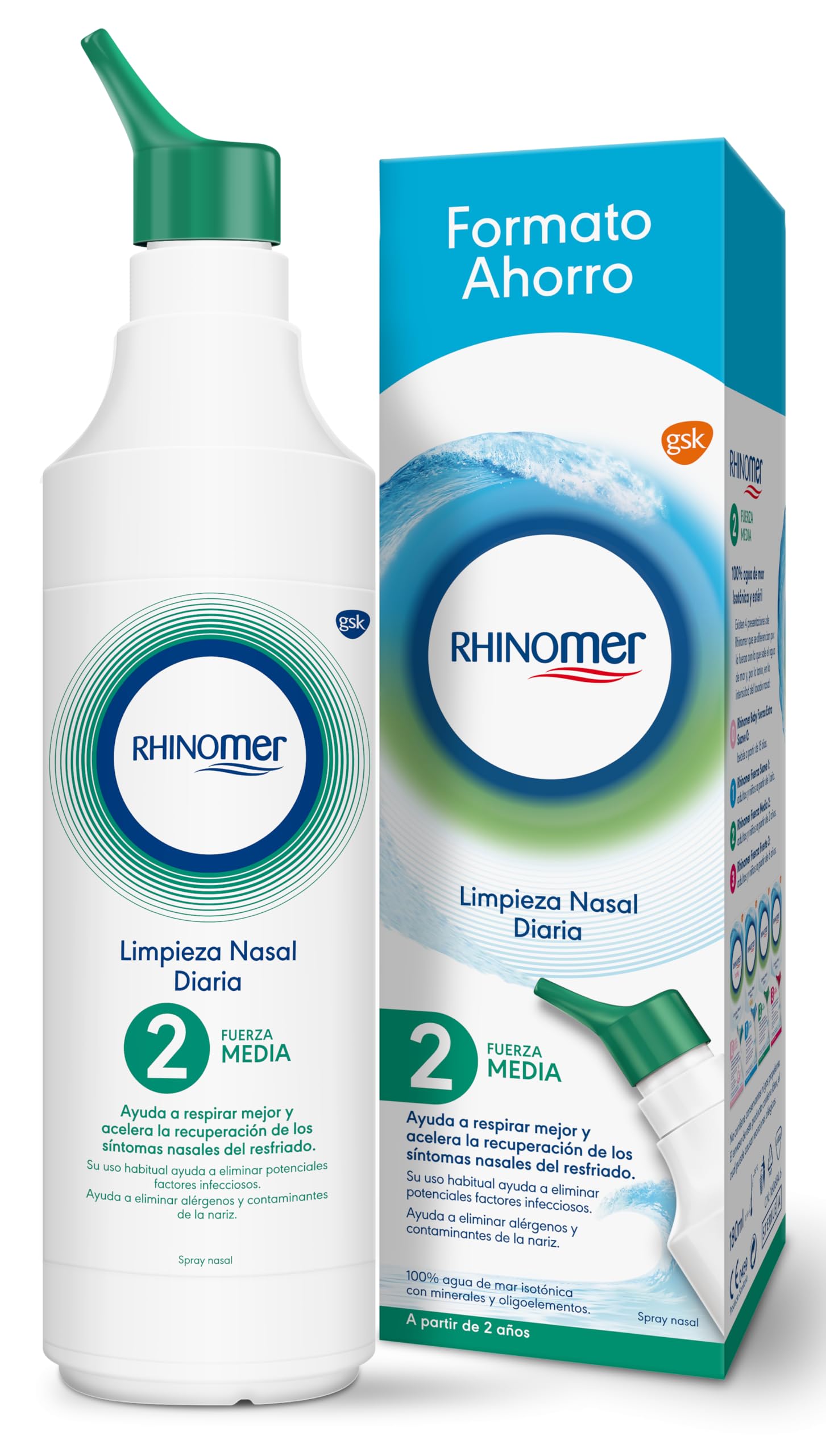 Rhinomer Nasal Spray 100% Sea Water, Medium Strength 2, For Adults and Children from 2 Years, 180 ml