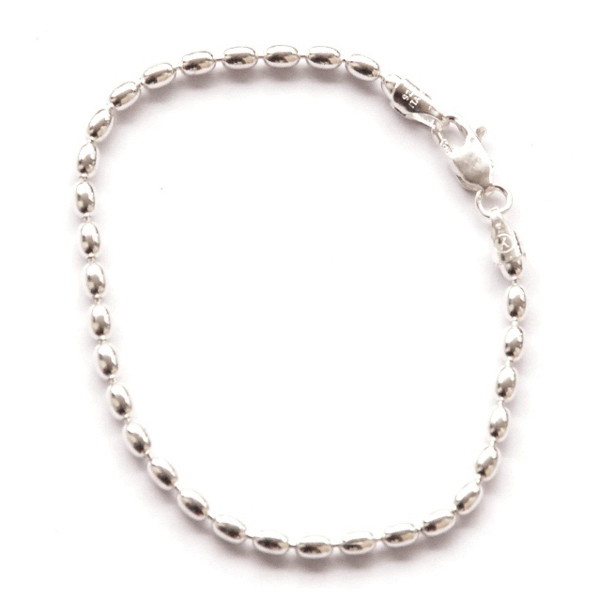 Sterling Silver 10-inch Charleston Rice Bead Anklet - 3x4-mm Oval Beads w/Lobster Clasp - Southern Style