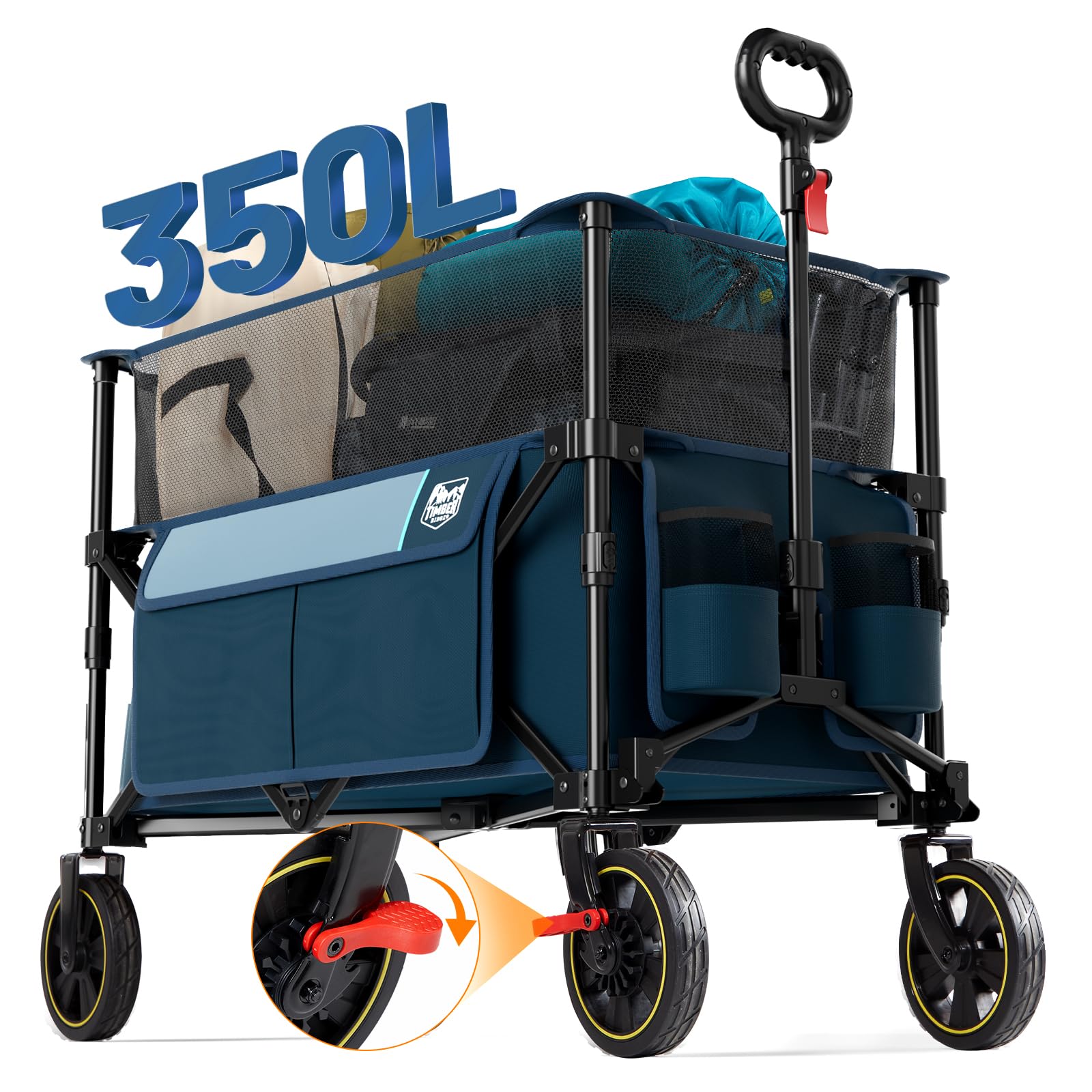 TIMBER RIDGE 350L XL Folding Wagon Cart, Extended Height Heavy Duty Collapsible Utility Cart with Brake for Beach Camping Shopping Garden Sports with
