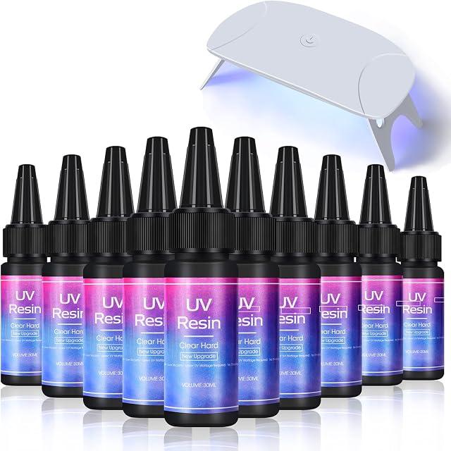 10pcs Newest UV Resin Fast Curing Crystal Clear Resin Crafts DIY Jewellery Making Kit with Mini Foldable UV Lamp for Silicone Resin Moulds Beginners Gifts