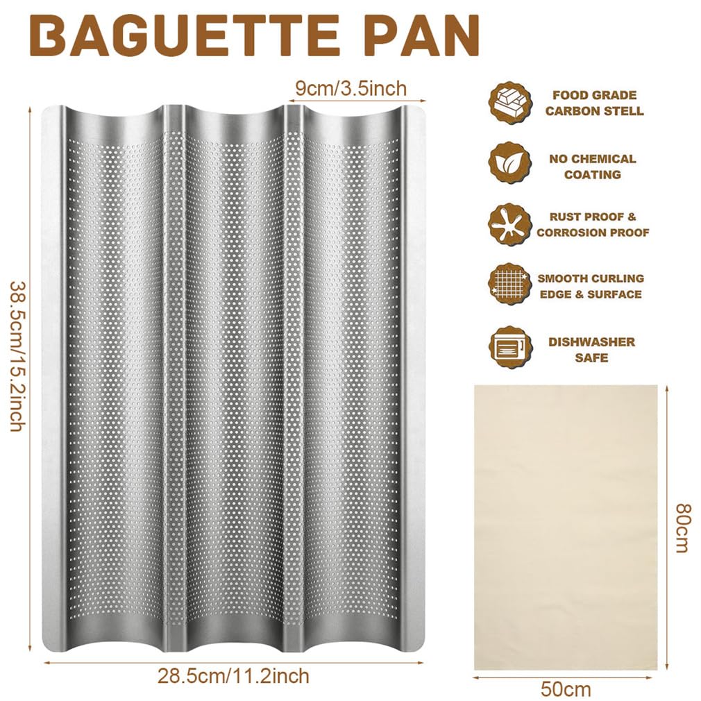 Teglia da forno per baguette, teglia da forno per 3 baguette, teglia per baguette, teglia da forno per baguette, 38,5 x 28,5 cm