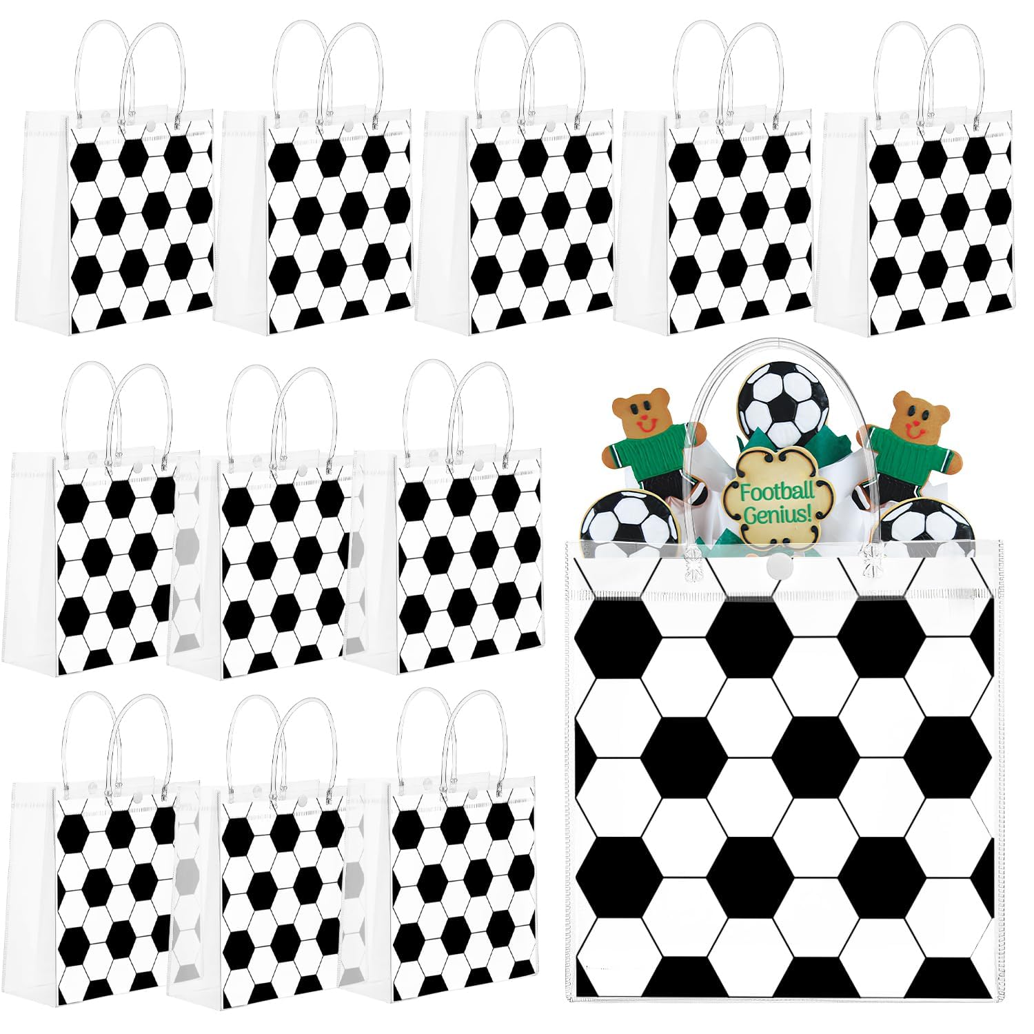 FULJOOY 24 Pcs Soccer Gift Party Bags with Handles Transparent Treat Goodie Gift Wrap Clear PVC Tote 8x8x3.15 Inch Snack Bag for Ball Sport Theme Boys