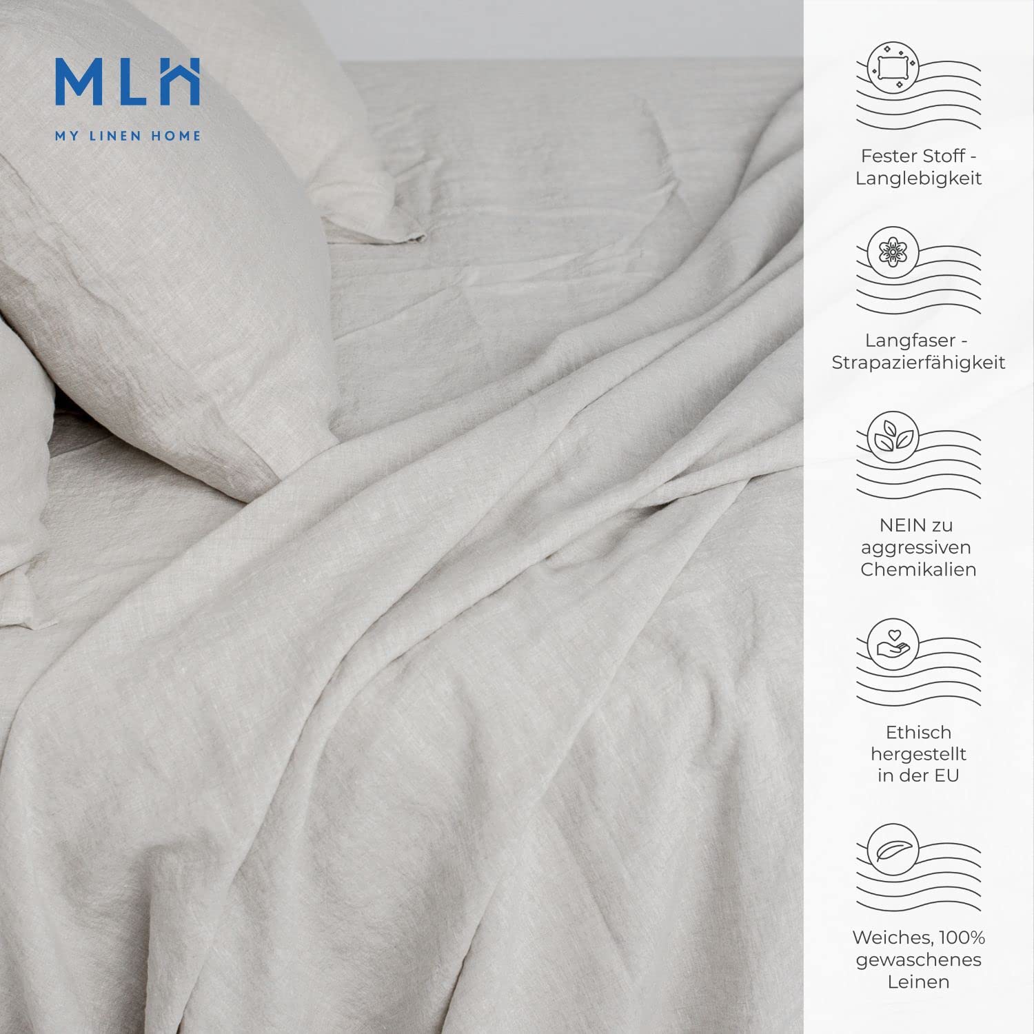 My Linen Home Bettlaken aus 100% Stonewashed Leinen Natur, 200x260cm I Hypoallergen, Temperaturregulierend, Atmungsaktiv I Sanft, weich selbst zur empfindlichsten Haut I Für alle Jahreszeiten geeignet