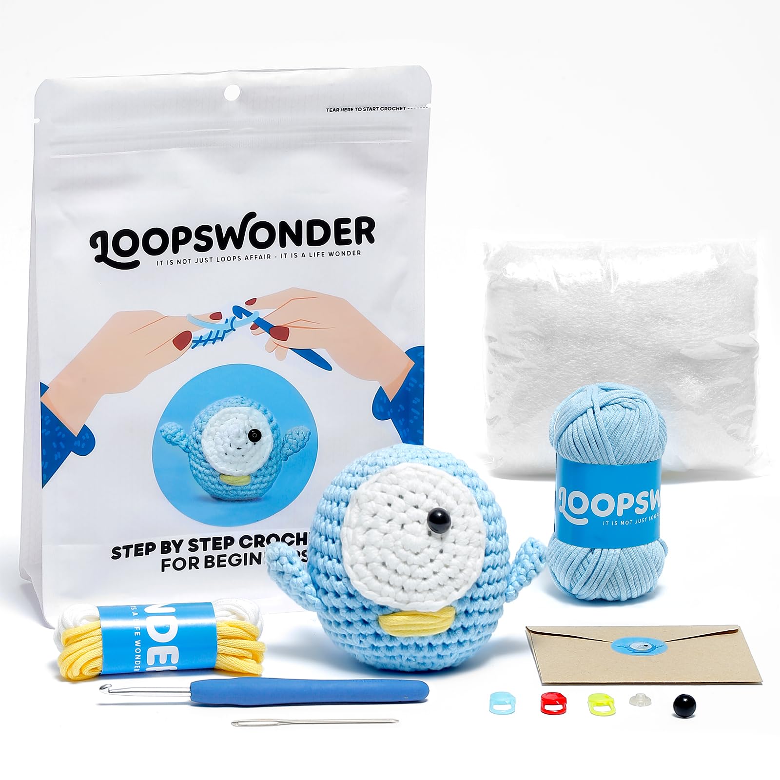Photo 1 of loopswonder Crochet Kit for Beginners, Stuffed Animal Knitting Kit for Adults and Kids, Amigurumi Starter Learn to Crocheting Kit with Step-by-Step Video Tutorials, Blue Monster
