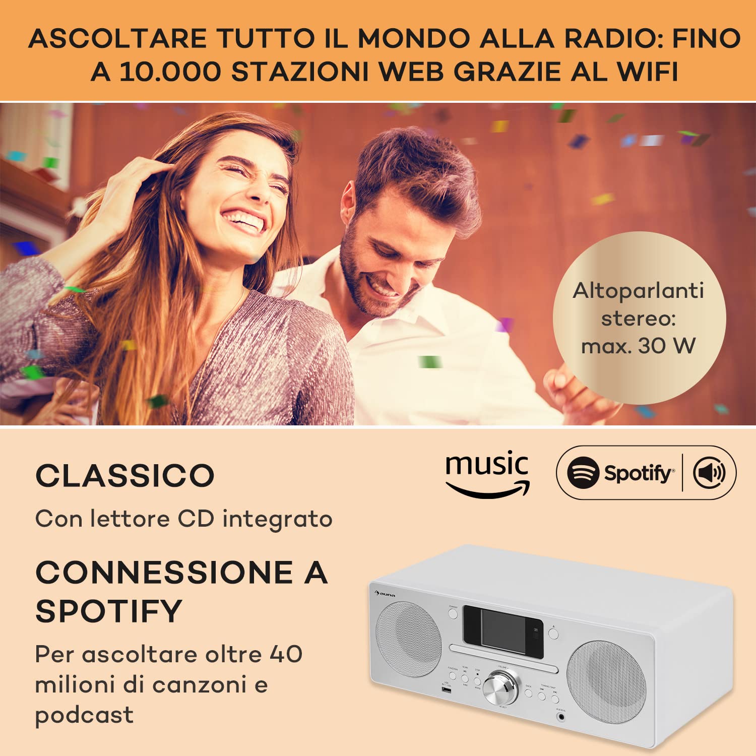 Auna Radio Portatile DAB con Bluetooth e Lettore CD, FM/DAB/DAB+, Sistema Stereo AUX, Display TFT, Telecomando, Sveglia, MP3 e Streaming, Vintage in Legno 30W