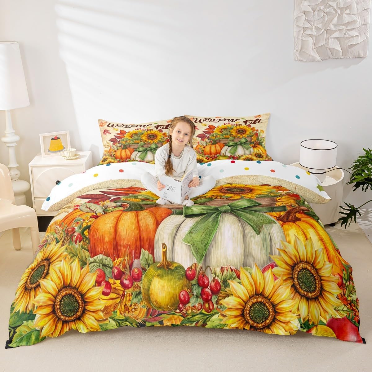 Fall Pumpkin Duvet Cover Set Queen Size,Sunflowers Crops Maple Leaves Bedding Set,Kids Boys Girls Adults Cabin Decor,Thanksgiving Day Autumn Comforter Cover,Rustic Farmhouse Quilt Cover,2 Pillowcases