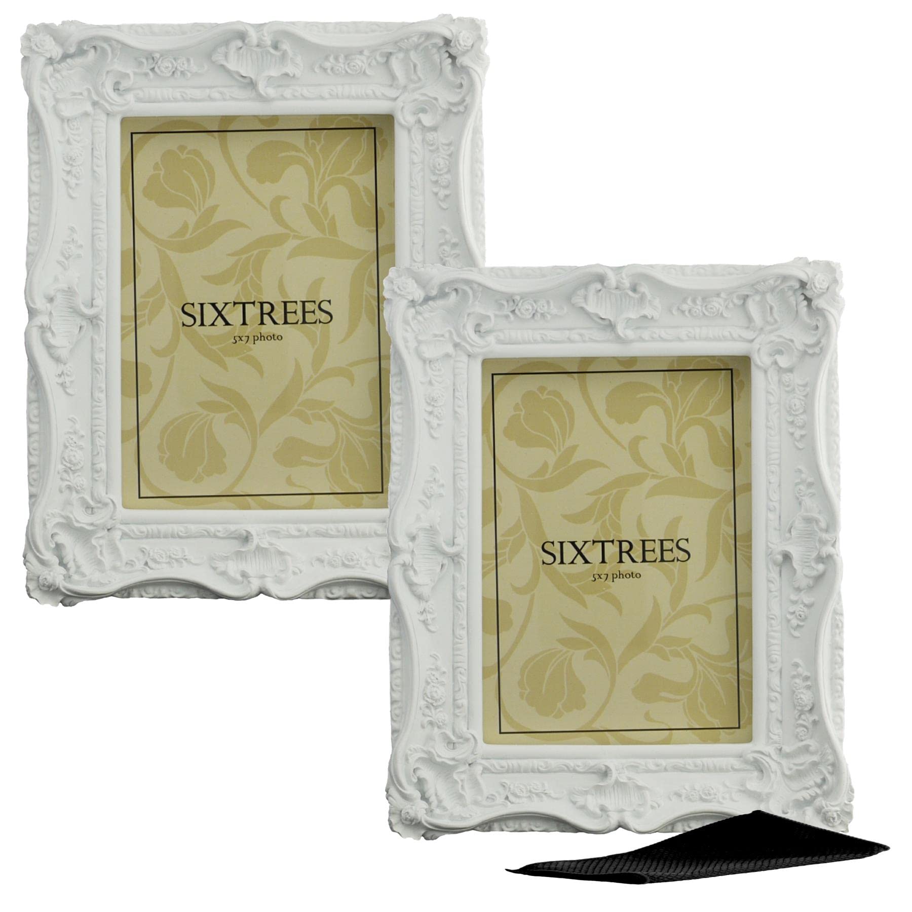 A Twinpack of Sixtrees Chelsea 5-254-57 Ornate Vintage Swept Shabby Chic White 7x5 inch Photo frames - with Microfibre glass cleaning cloth.