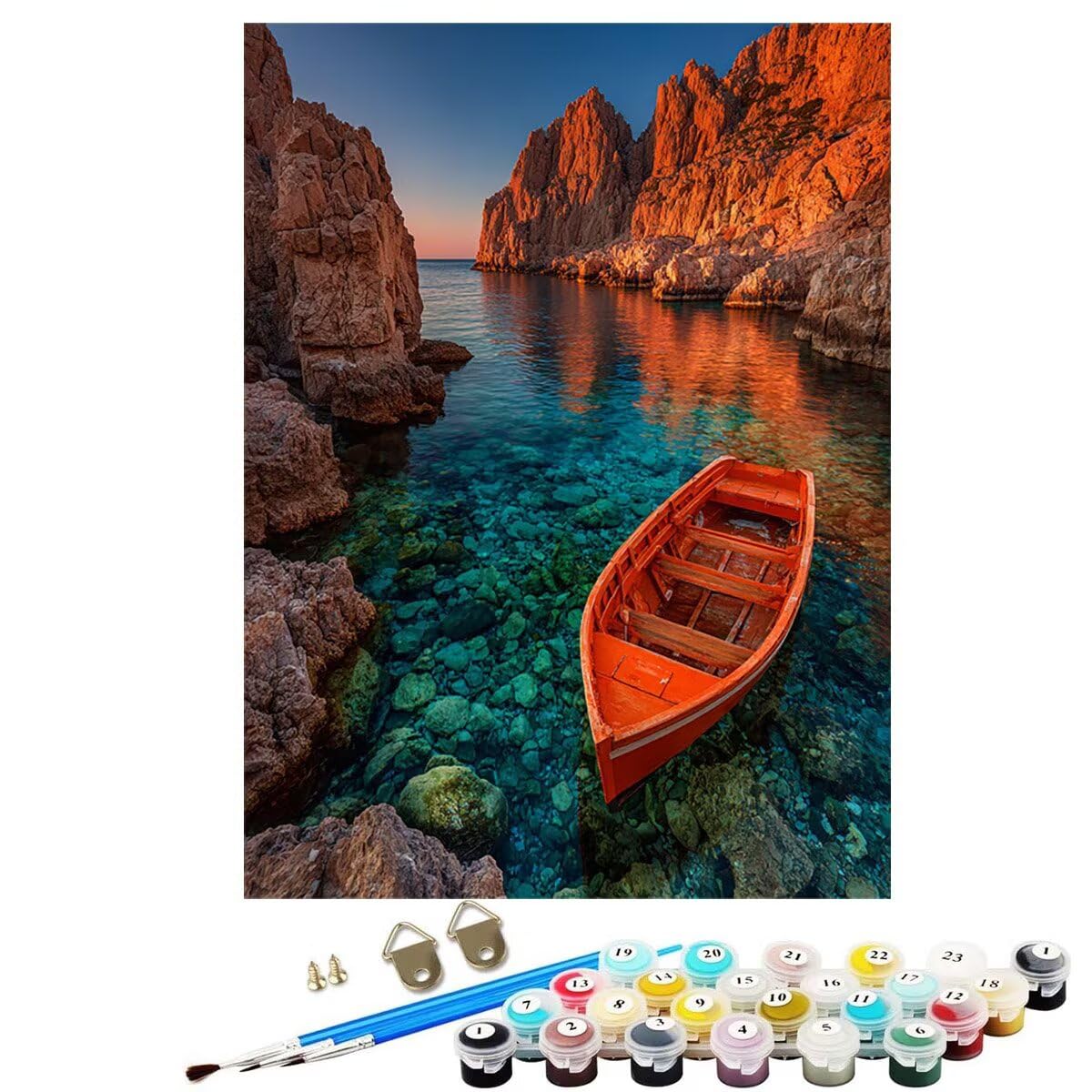 Landschaft Boot Malen Nach Zahlen Erwachsene, Paint by Numbers Adult Anfänger Set, Heimwerk Malen Nach Zahlen Kinder Mit Rahmen, 3 Pinsel und 36 Acrylfarbe Als für Deko Wohnzimmer 60 x 80 cm BJHDK202