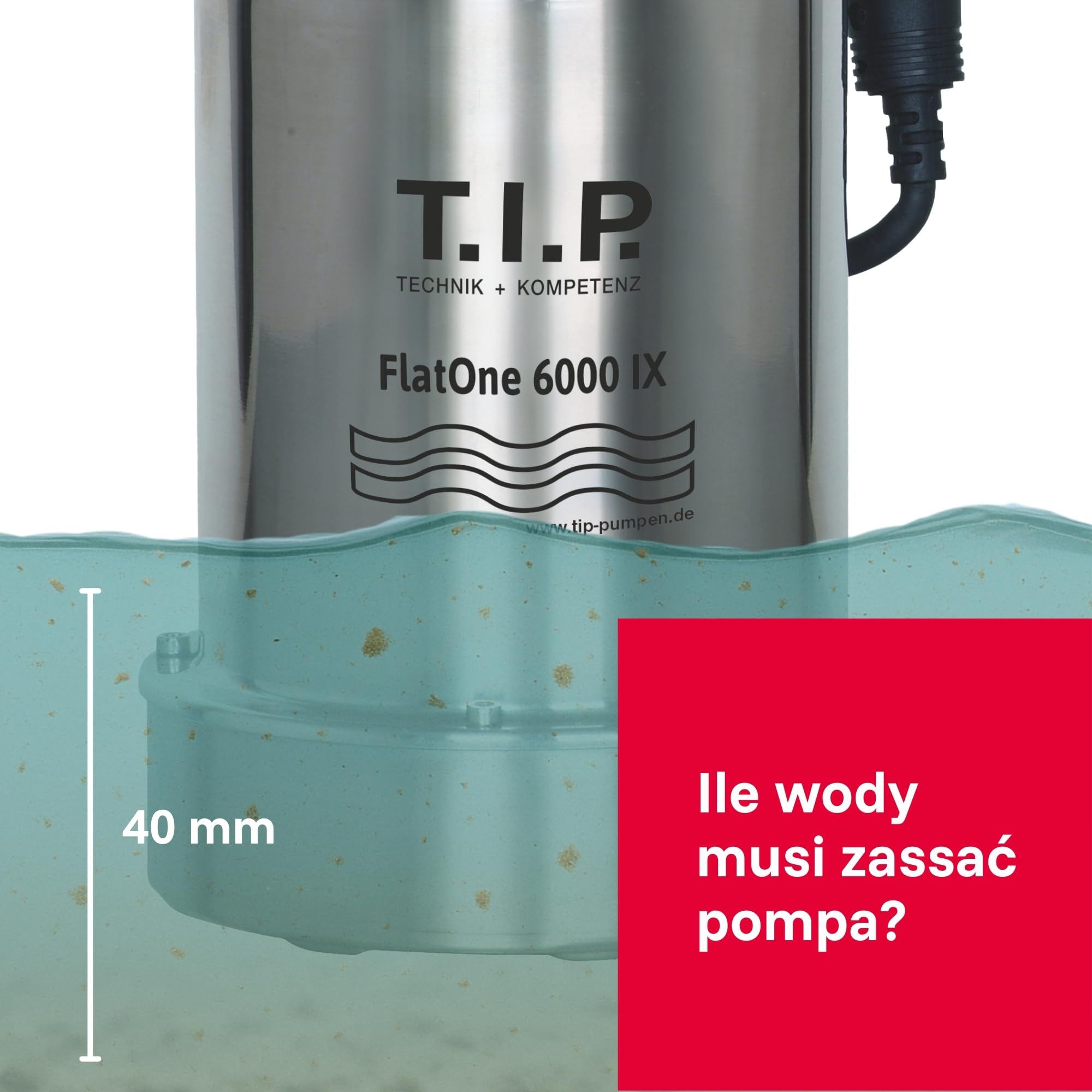 T.I.P. Zanurzeniowa Pompa Drenażowa ze Stali Nierdzewnej – 6000 l/h, Płaskie Zasysanie 1mm, Zawór Zwrotny, 6m, FlatOne6000 IX, 30440