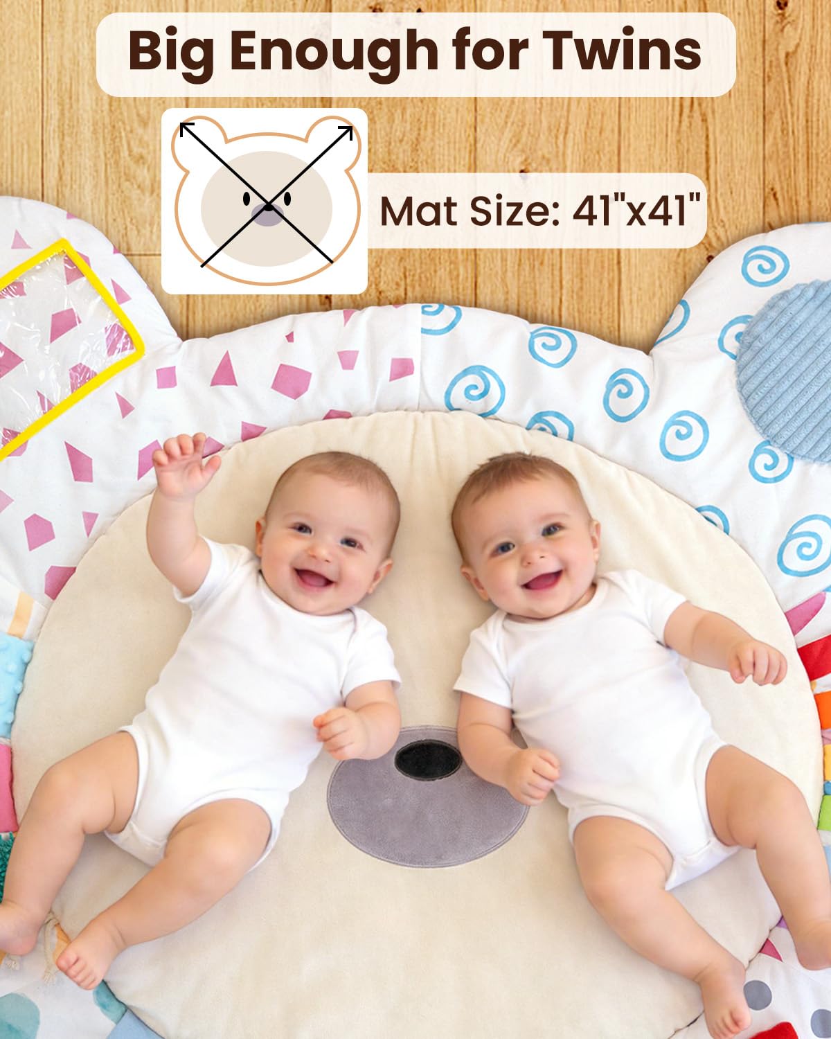 Baby Play Gym, Thickened and Non Slip Activity Mat, 5 Developmental Zones Tummy Time Mat with 5 Detachable Sensory Toys for Motor Skills, Baby Essentials Shower Gift Box(Bear)