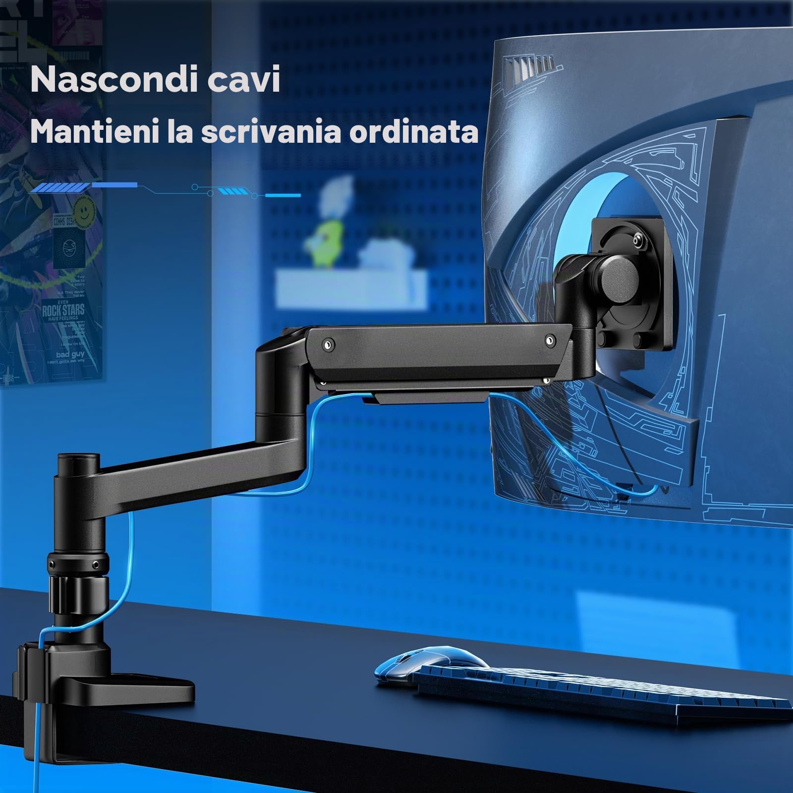 Supporto per monitor piatto e curvo da 17 – 57 pollici, molla a gas monitor, regolabile in altezza, orientabile, capacità di peso 2 – 20 kg per braccio, VESA 75/100 mm, Nero