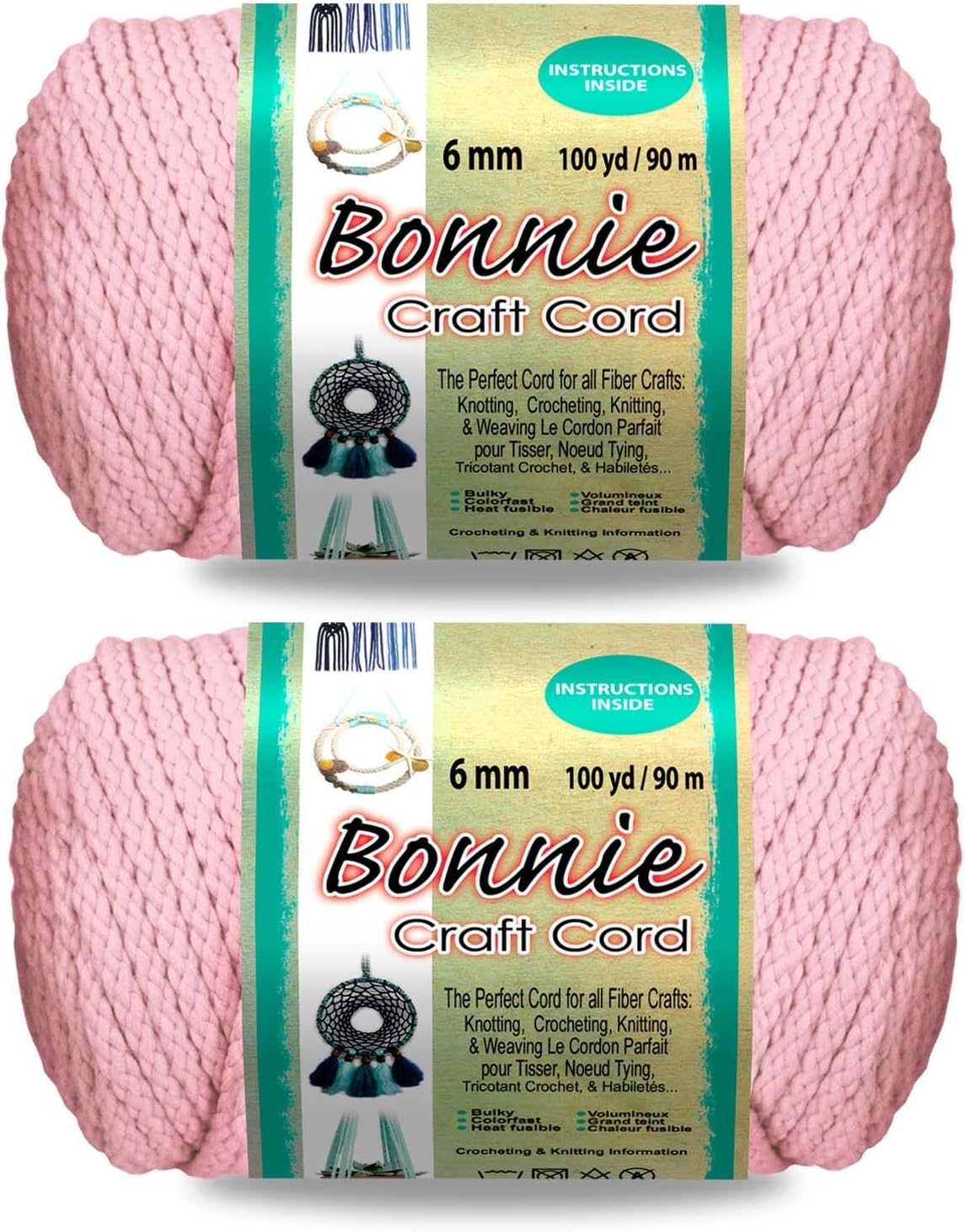 Pepperell Bonnie Braid Macrame Cord | 6mm x 100yd Pink (Value 2-Pack) | Twisted Polypropylene Cord for DIY Crafts, Plant Hangers, Wall Hangings, Crochet & Macrame | Long-Lasting, Vibrant Color