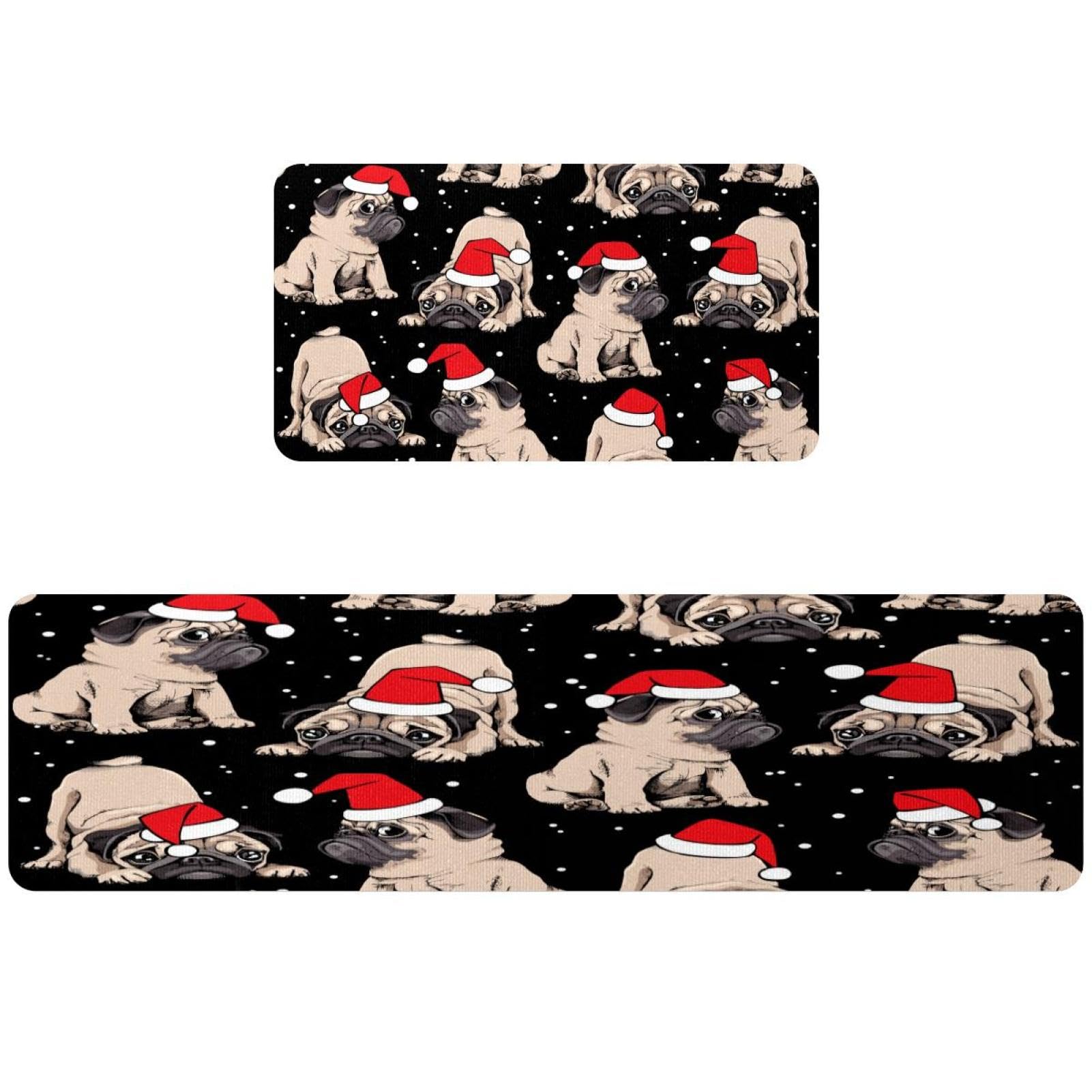 Tapetes de cocina de bulldog con gorro de Navidad pack de 2 alfombras lavables