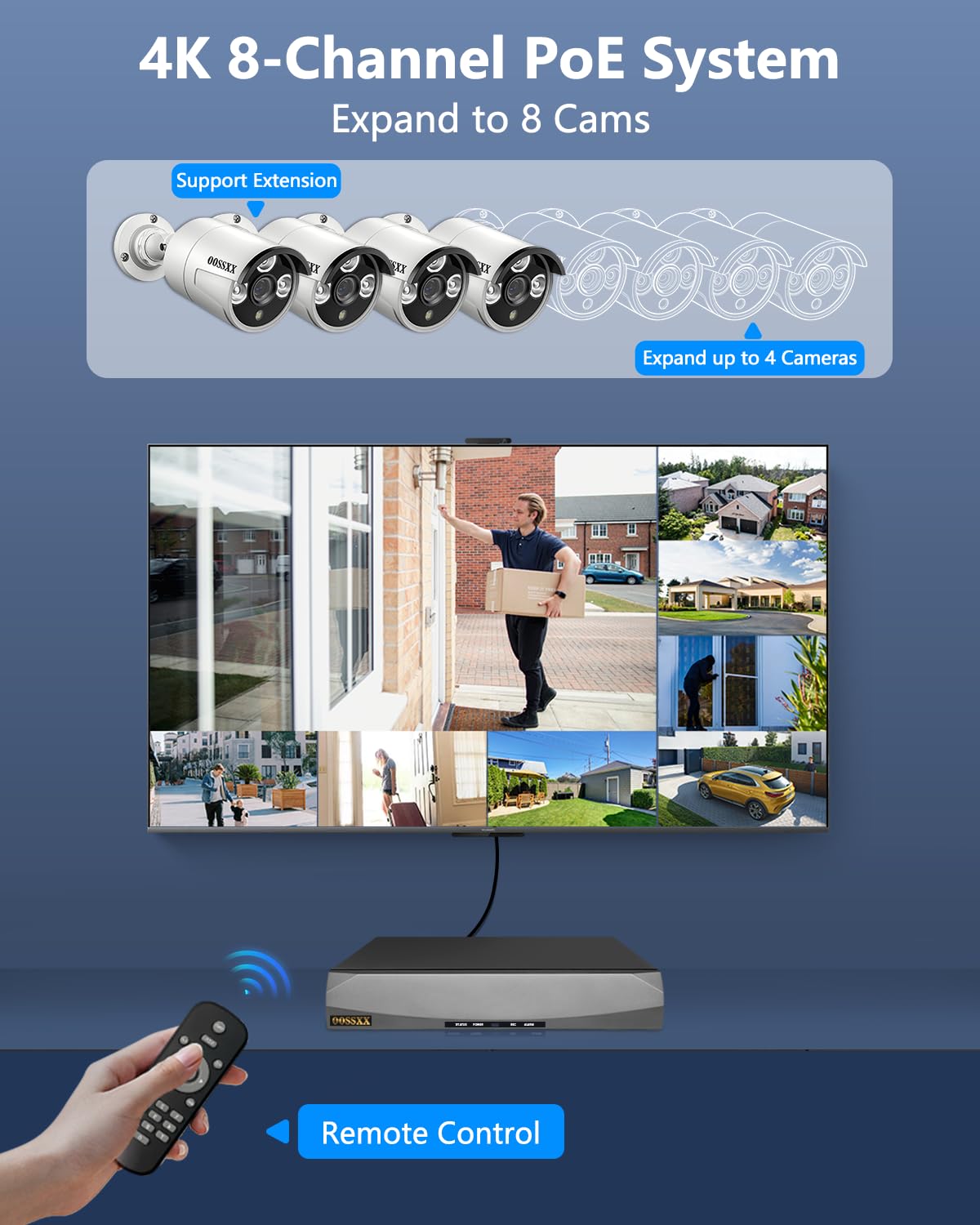 (HD 3K 5.0MP e 60 giorni di stoccaggio) Sistemi di telecamere di sicurezza POE rilevati AI, sistema video di sorveglianza esterna OOSSXX a 8 canali, 4 telecamere impermeabili IP67 con audio, 2 TB