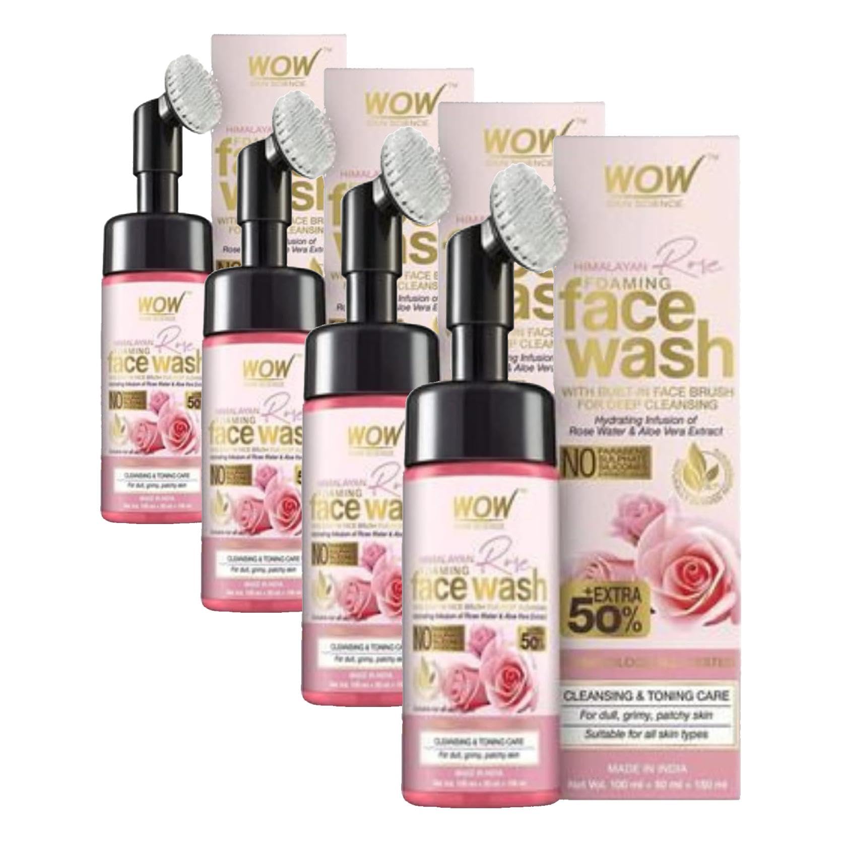 WOW Skin Science Himalaya Gülü Yüz Yıkama Köpüğü Doğal İçerik Gül Suyu, Aloe Vera Özü, E Vitamini Ve 150ml (4 paketi)