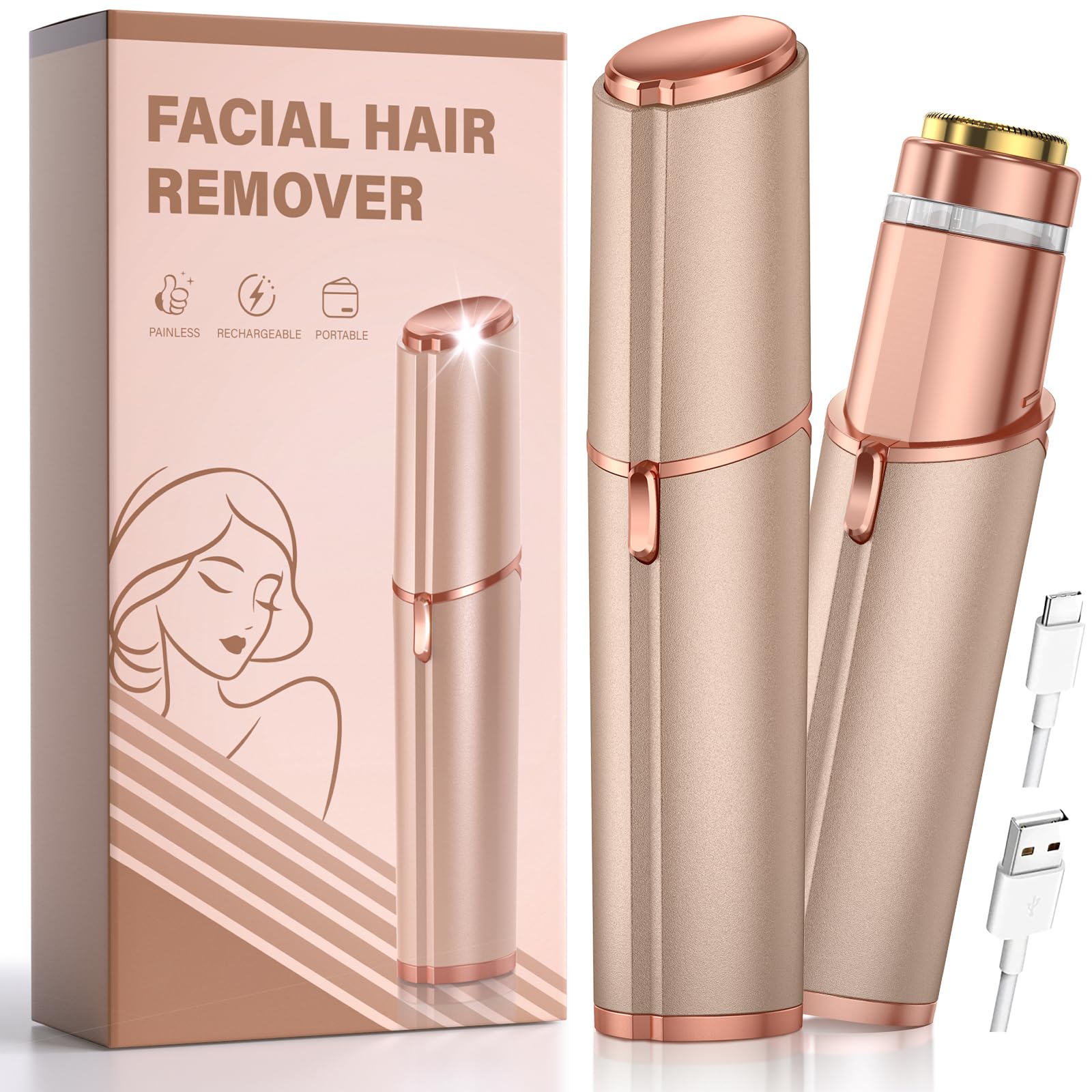 Facial Hair Removal for Women Face: Painless Rechargeable Face Shaver Electric Hair Remover Device for Peach Fuzz Upper Lip Chin (Gold)