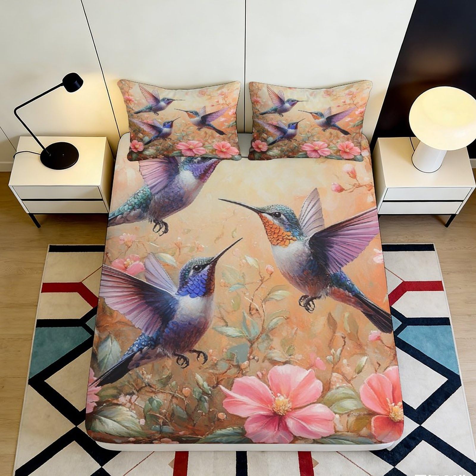 3D Printed Hummingbird Floral Fitted Sheet Microfiber Deep Pocket Bedroom Bedding Hummingbird Mattress Fitted Cover Elastic Hem Washable 180x200x25cm