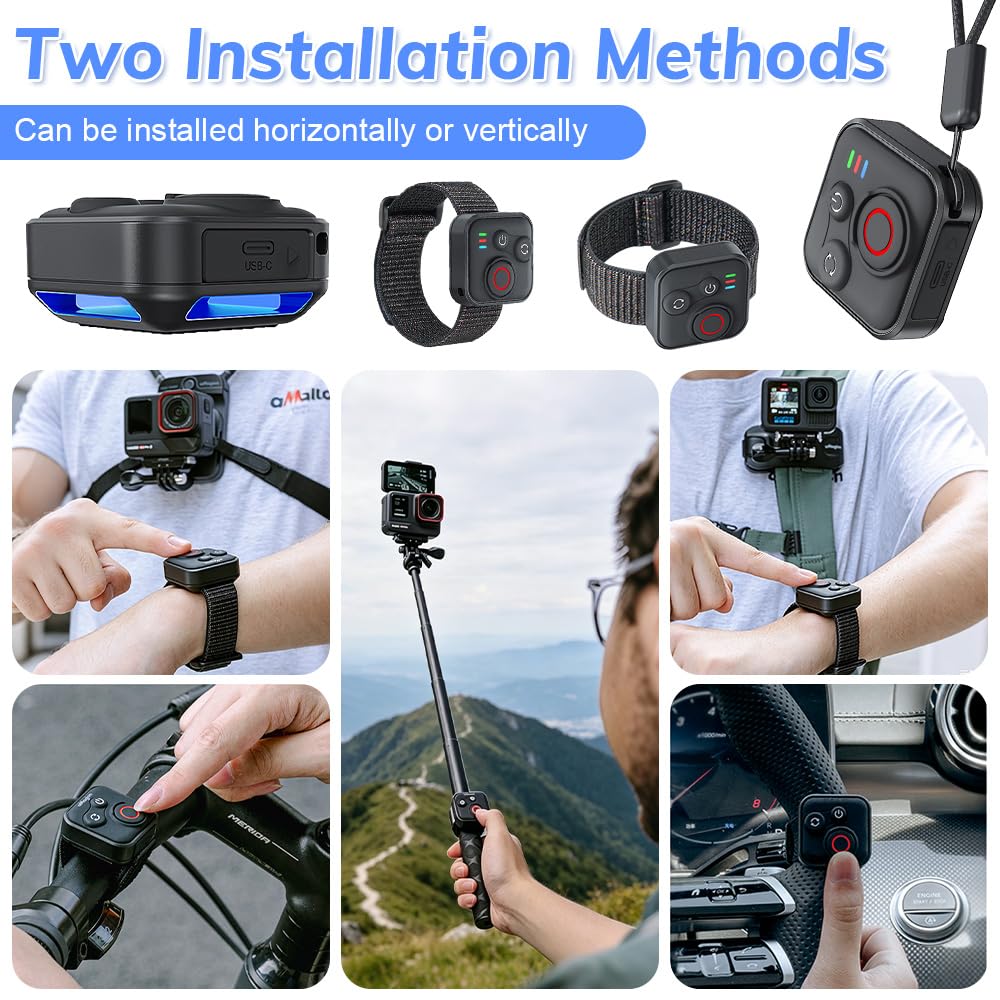 Bluetooth Fernbedienung für Insta360 X5/X4/X3/Ace Pro/Ace Pro 2/GO3S/GO3/GoPro/ONE R/RS/Hero 11/12/13/IOS/Android Smartphone, SGZIOO 50m Reichweit, 96h Ausdauer, Wasserdicht mit Handschlaufe