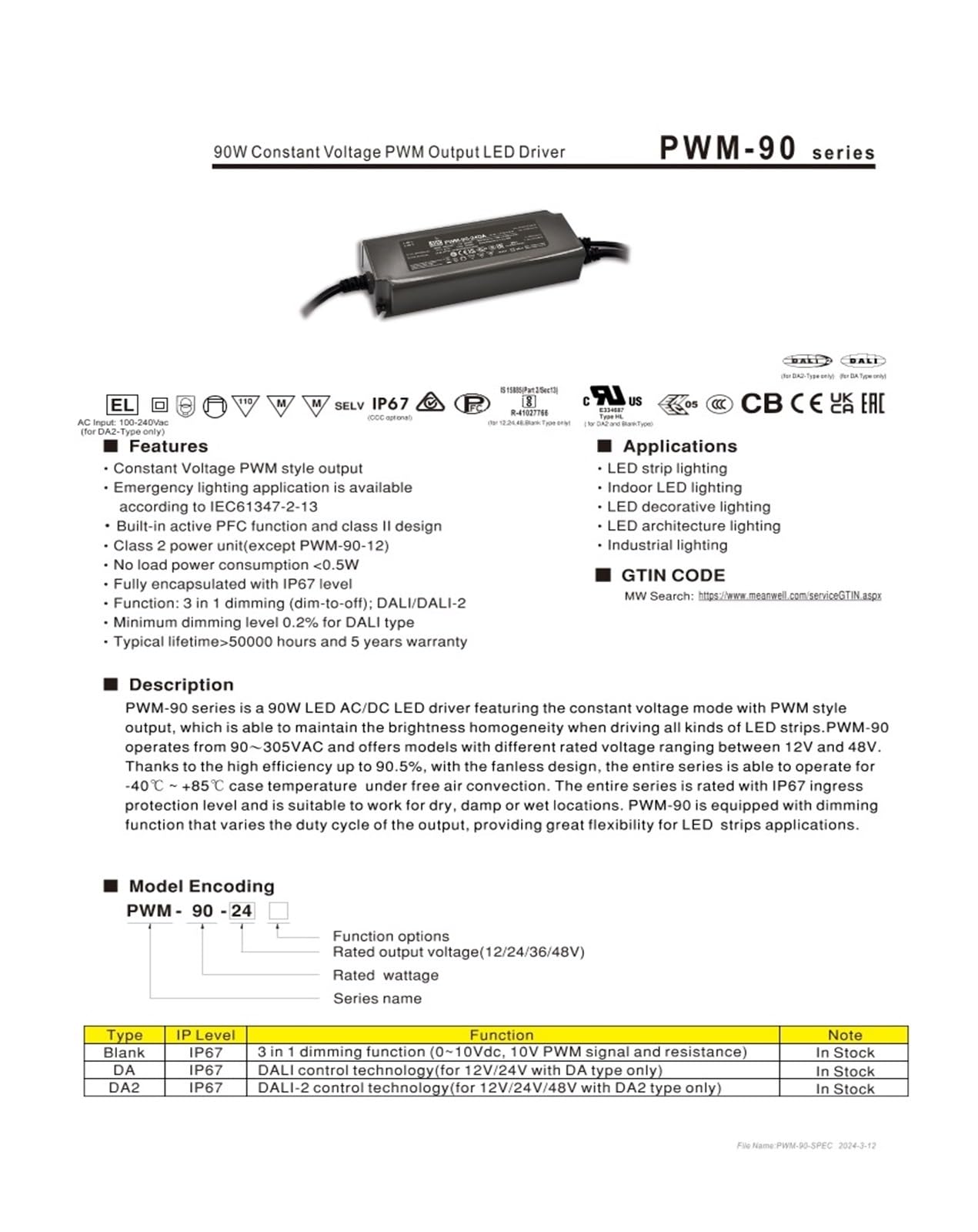 1 Unidad de Fuente de alimentación conmutada PWM-90 PWM-90-12 PWM-90-24 Salida PWM IP67 Resistente al Agua DA2(PWM-90-12)