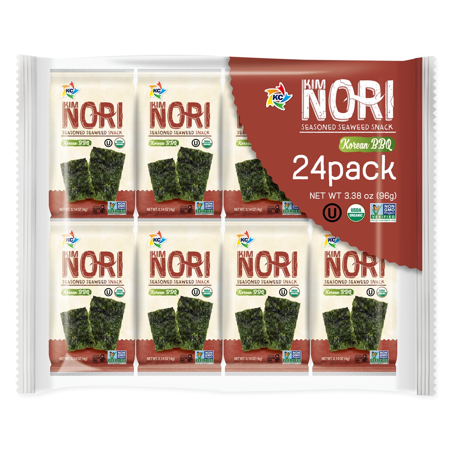 KIMNORI Seasoned Seaweed Snacks Sheets – Organic Korean BBQ Flavor 24 Individual Packs, Roasted Crispy Premium, 100% Natural Laver, Kim Nori 4g 0.14 Ounce