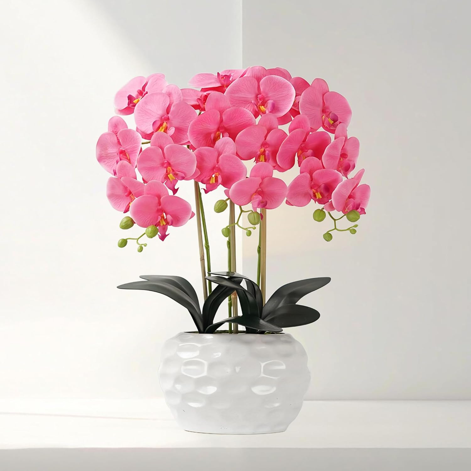 SJC Orchid Artificial Flowers with White Vase Large Silk Faux Phalaenopsis Flowers for Dining Room Table Floral Centerpieces Indoor Decoration,Fuchsia - Image 3