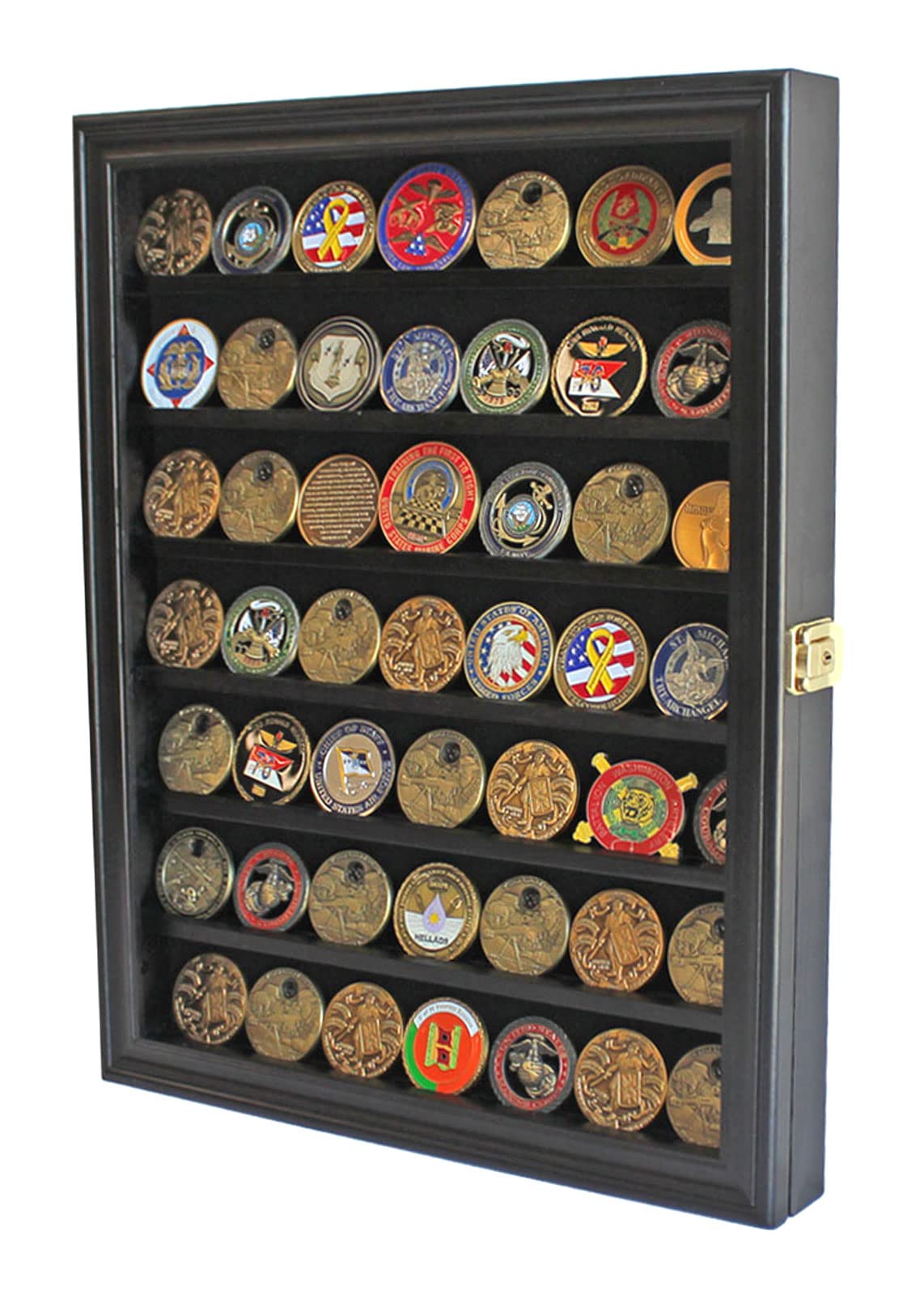 Challenge Coin / Casino Chip Display Case Cabinet Holder Shadow Box, Glass Door, Black (COIN56-BL)