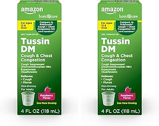 Amazon Basic Care Tussin DM, Cough Plus Chest Congestion Syrup, Relieves Coughing and Mucus, for Adults and Ages 12 and Over, Raspberry Flavor, 4 fl oz (Pack of 2)