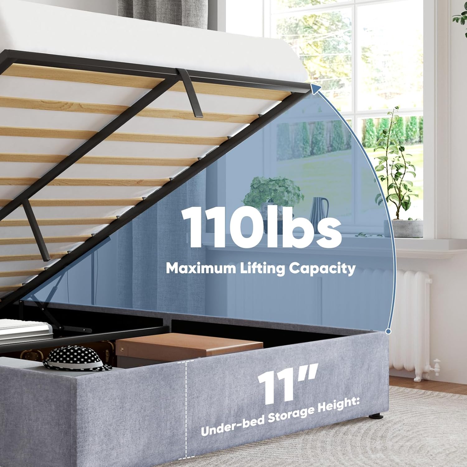 Full Size Lift Up Storage Bed Frame, Hydraulic Upholstered Platform Bed with Modern Wingback Headboard, Underbed Storage Space, Noise Free, No Box Spring Needed, Grey