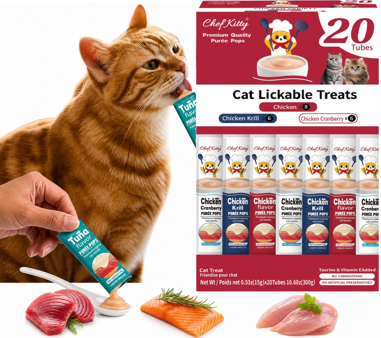 Cat Treats Lickable | Grain-Free Cat Food Toppers, High Protein | Creamy Puree Squeeze Ups with Vitamin E &amp; Taurine, Digestible Formula | 0.5 oz. Each Tube, Chicken Mix Variety | 20 Tubes