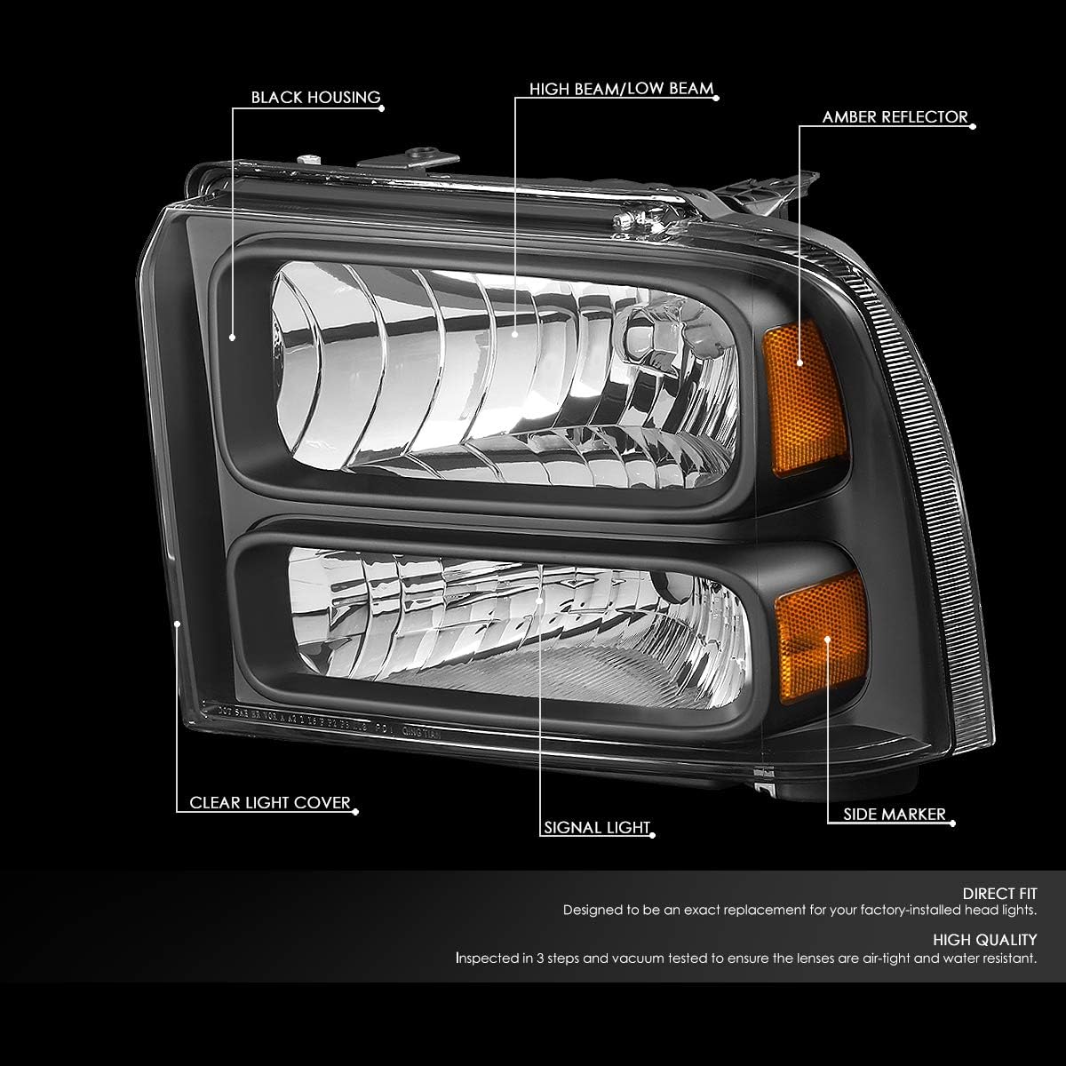 DNA MOTORING Pair Headlight Assembly Compatible with 05-07 Ford F250 F350 F450 F550 SD, Driver and Passenger Side, Black Amber, HL-OH-FSUPER05-BK-AM