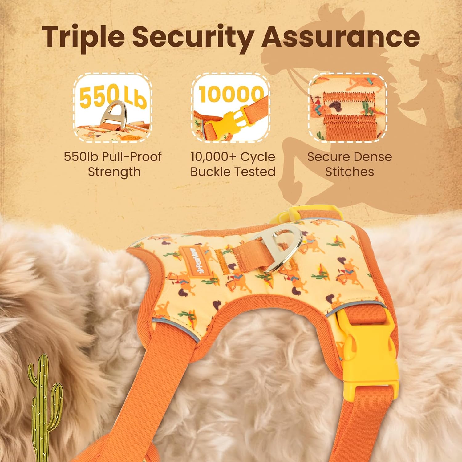 Western Cowboy No Pull Dog Harness for Small Dogs, Soft Air Mesh Vest, Front & Back Clips, Adjustable Escape-Proof Harness with Reflective Trim & QR ID Tag for Walking Running, Orange