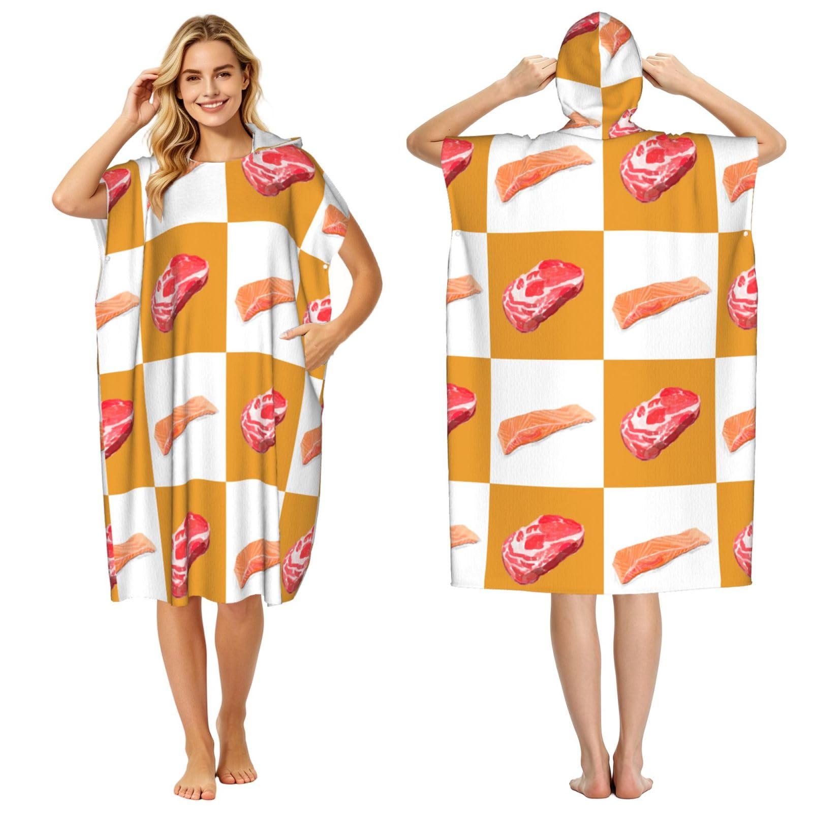 Poadnly Delicious Salmon And Steak, Adult Hooded Beach Towel 90 x 110 cm,Changing Bath Robe, Surf Poncho Towel For Women Men