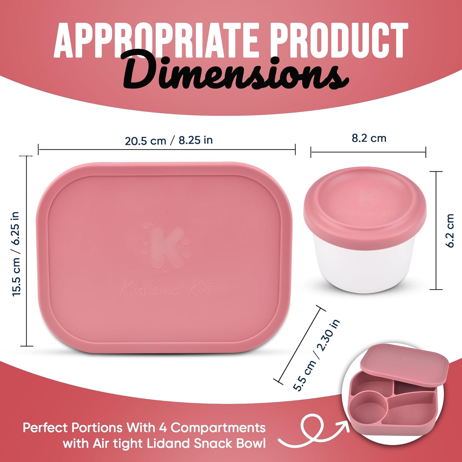 Silicone Bento Box for Kids and adults with Snack Bowl | 4-Compartment Leakproof Lunch Box | BPA-Free, Food-Grade, Microwave & Dishwasher Safe – Perfect for school meals (brick red)