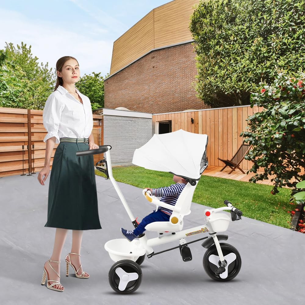 Triciclo Evolutivo per Bambini, Triciclo 5 in 1 - Luci e musica, Seggiolino avvolgente, Seggiolino e inclinazione, Passeggino a 4 ruote, Protezioni rimovibili, Portabicchiere, Bianco
