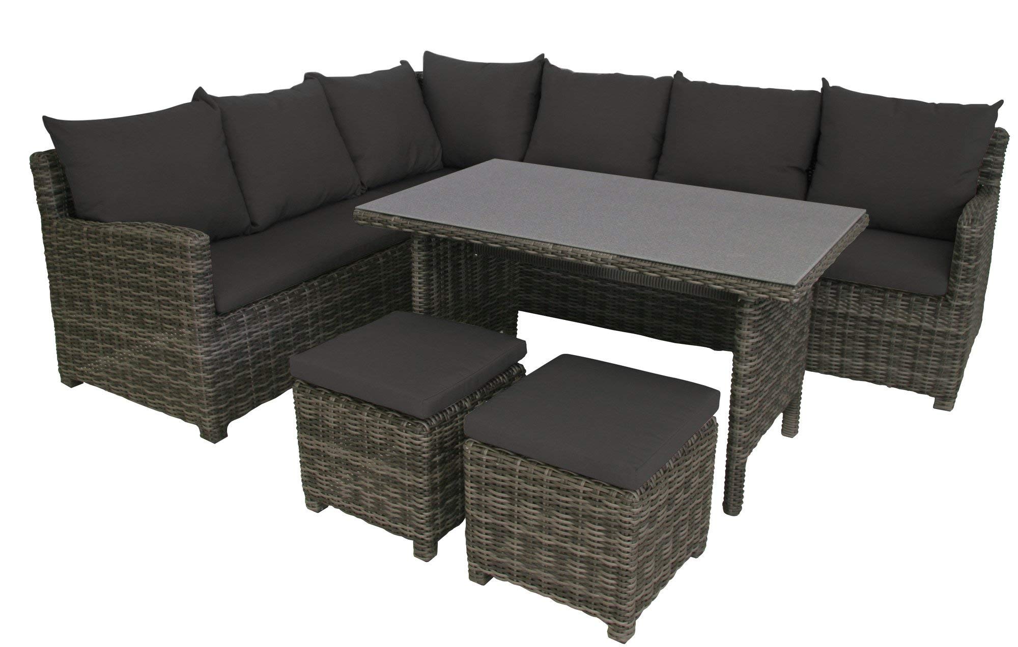 greemotion Salon de jardin anthracite en résine tressée 6 places Miami– Salon de jardin modulable avec table haute de jardin design et 2 poufs extérieurs - Salon d’été design et robuste