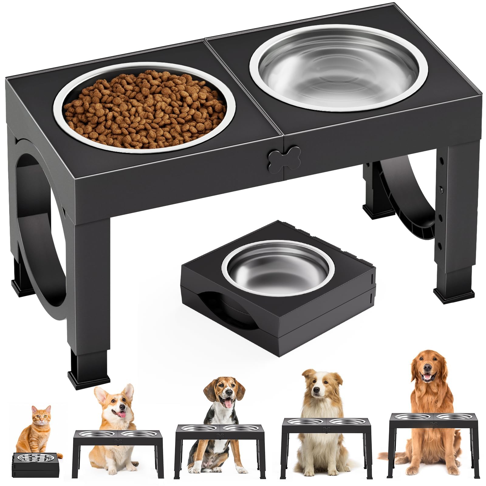 XiaZ Elevated Dog Bowls, 5 Heights Adjustable 9|11|12|14in Dog Raised Bowl Stand with Two 1L Stainless Steel Dogs Food and Water Bowl, Pet Bowl Holder to Protect Dogs Joints for Medium Large Dog
