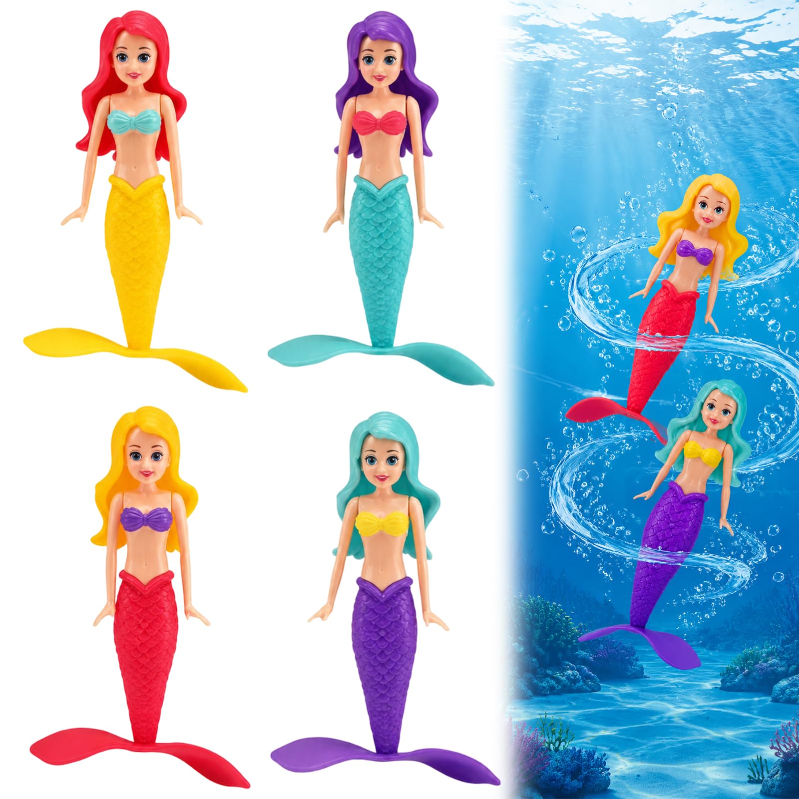 JBLJDWD 4 Pack Mermaid Figures for Pool, Swimming Pool Play Set for Bath, Diving Games for Underwater Swim Fun, Floating Sink & Rise Mermaids in Red Yellow Blue Purple