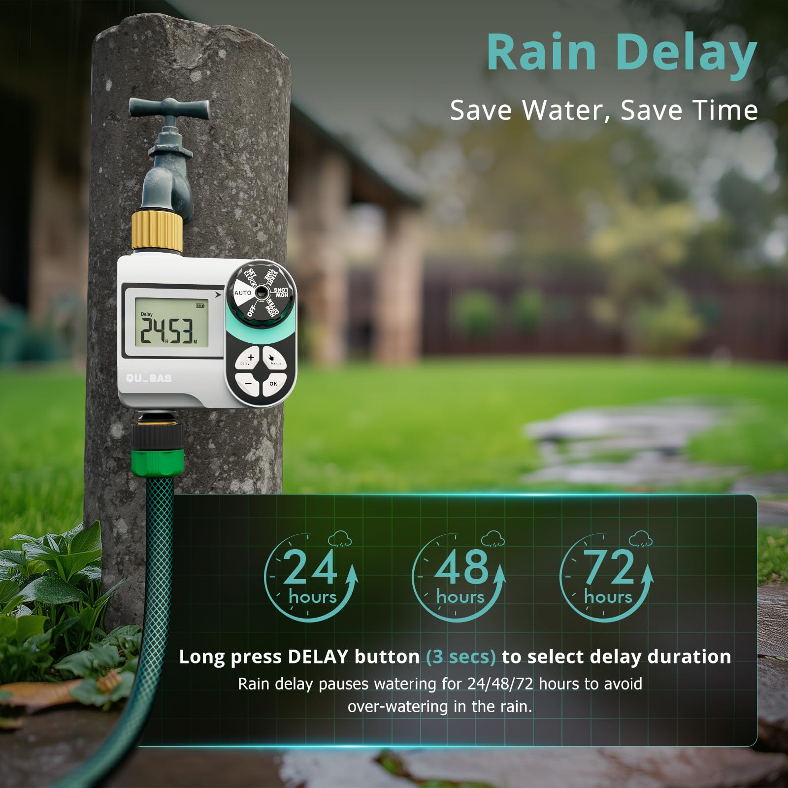 QUOBAS Irrigatore Timer per tubo da giardino, programmabile digitale in ottone con ritardo pioggia / automatico / manuale 3 modalità, piscina, prato, sistema di irrigazione a goccia, alimentato a
