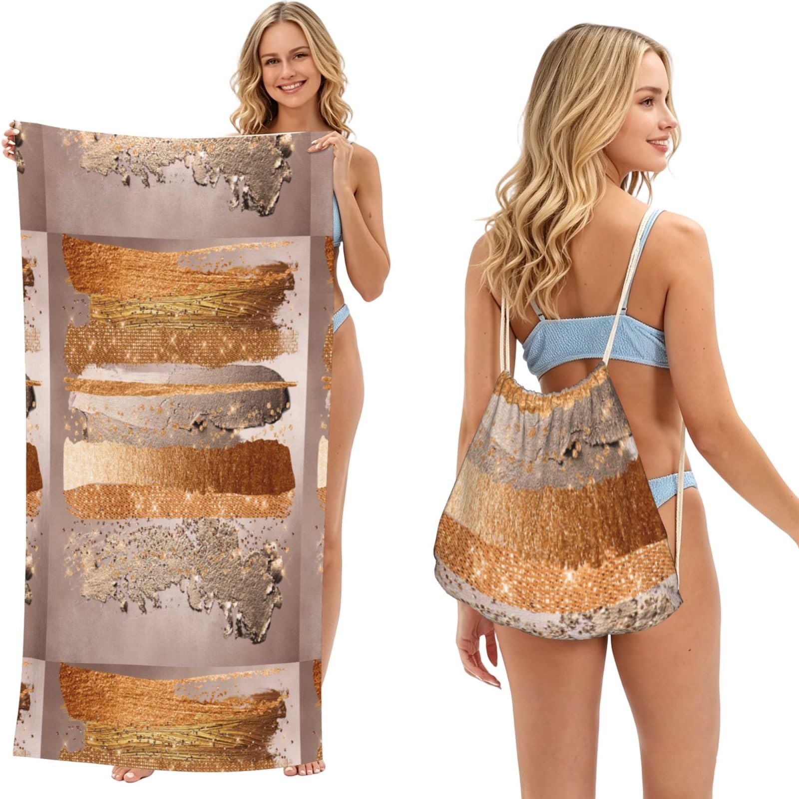 Poadnly As Picture Copper Gold Strokes Glamour Texture, 2 In 1 Packable Towel Bag, Beach Towels With Drawstring Backpack For Travel Holiday Camping